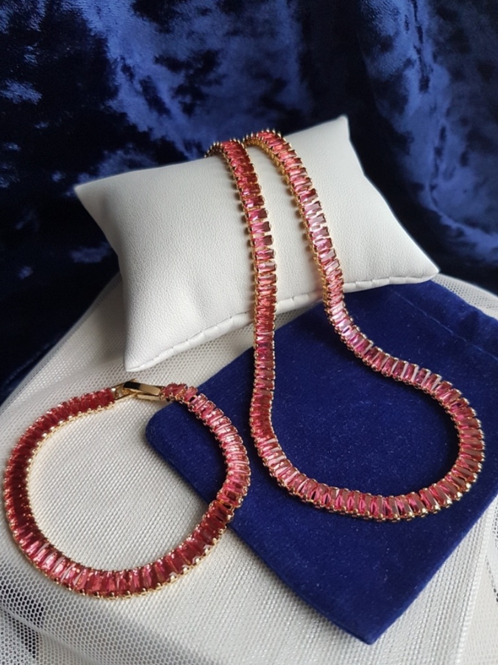 Swarovski Elements Gold Dark Pink Emerald-cut Baguette Tennis Bracelet NEW - Picture 9 of 9